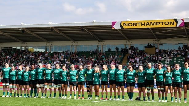 24 August 2025; Ireland players stand for the playing of the national anthems before the Women's Rugby World Cup 2025 Pool C match between Ireland and Japan at Franklin's Gardens in Northampton, England. Photo by Harry Murphy/Sportsfile