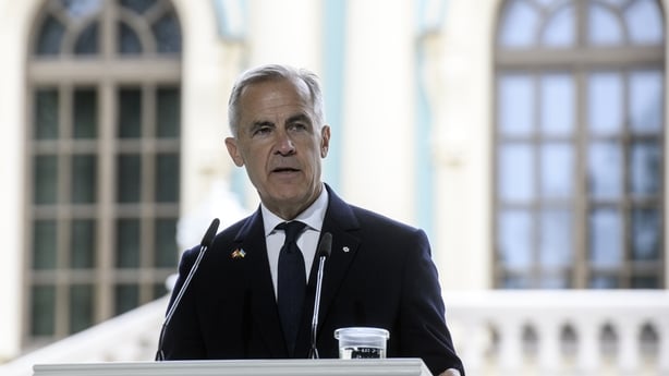 Canadian Prime Minister Mark Carney attends a joint press conference with Ukrainian President Volodymyr Zelenskiy on Ukraine's Independence Day in Kyiv, Ukraine, on August 24, 2025. (Photo by Maxym Marusenko/NurPhoto via Getty Images)