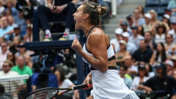 Belarus's Aryna Sabalenka reacts after defeating Switzerland's Rebeka Masarova during their women's singles first round tennis match on day one of the US Open tennis tournament