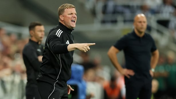 NEWCASTLE UPON TYNE, ENGLAND - AUGUST 25: Eddie Howe, Manager of Newcastle United, reacts during the Premier League match between Newcastle United and Liverpool at St James' Park on August 25, 2025 in Newcastle upon Tyne, England. (Photo by Stu Forster/Getty Images)