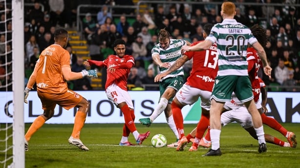 28 August 2025; Daniel Cleary of Shamrock Rovers has a shot on goal during the UEFA Conference League Play-off Round second leg match between Shamrock Rovers and CD Santa Clara at Tallaght Stadium in Dublin. Photo by David Fitzgerald/Sportsfile