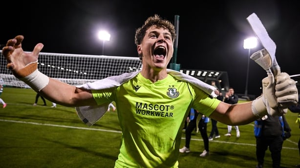 28 August 2025; Shamrock Rovers goalkeeper Ed McGinty celebrates after his side's victory in the UEFA Conference League Play-off Round second leg match between Shamrock Rovers and CD Santa Clara at Tallaght Stadium in Dublin. Photo by David Fitzgerald/Sportsfile