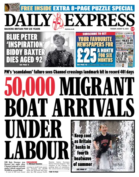 "50,000 migrant boat arrivals under Labour" reads the headline on the front page of the Daily Express.