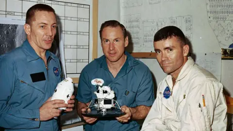 Getty Images The crew of the ill-fated Apollo 13: Jack Swigert, Jim Lovell and Fred Haise. They are holding models of the craft