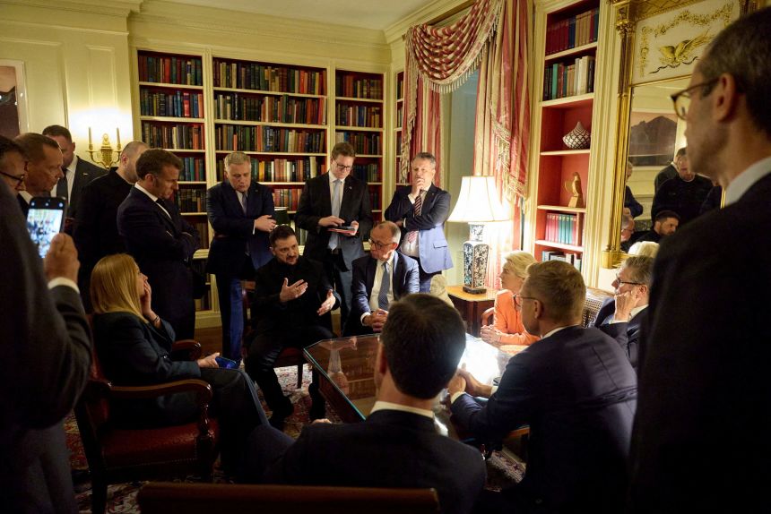 Ukrainian President Volodymyr Zelensky speaks with European leaders at the Ukrainian Embassy on August 18.