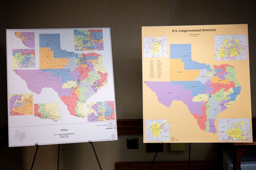 US Congressional District maps are displayed at a Senate Special Committee on Congressional Redistricting hearing at the Texas State Capitol in Austin, on August 6.