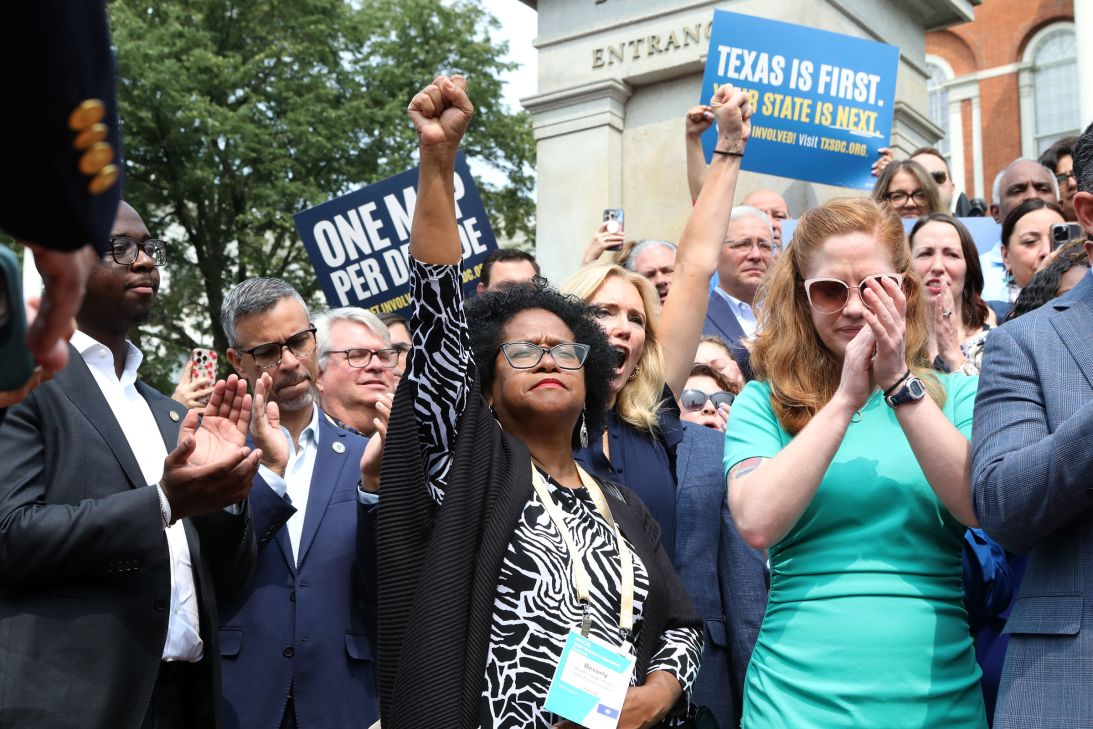 Democratic lawmakers from around the country rally alongside Texas Democrats in Boston, Massachusetts, on August 6.