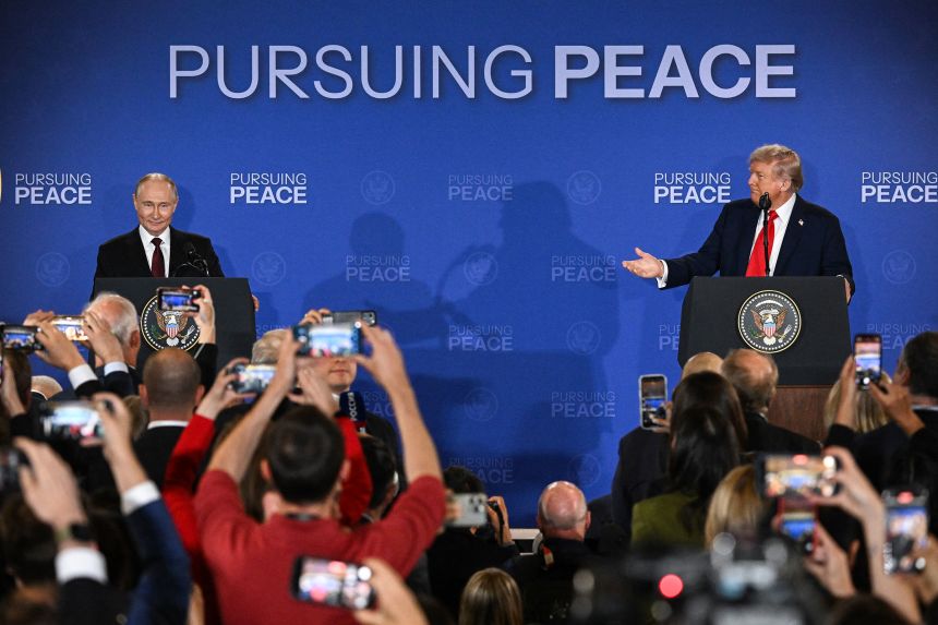 Russian President Vladimir Putin and US counterpart Donald Trump hold a joint press conference after a US-Russia summit on Ukraine at Joint Base Elmendorf-Richardson in Alaska, on August 15.