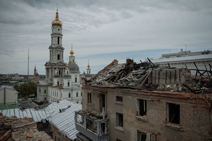 A damaged building and a church in Kharkiv, Ukraine, on August 18.