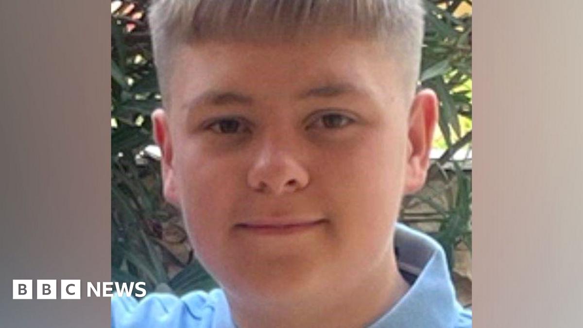 A photo of Harvey when he was slightly younger - maybe about 13. He has the same haircut, straight across his forehead and short at the sides, as in more recent photos. He wears a light blue shirt with a collar. He is smiling slightly at the camera and appears to be in a garden, possibly on holiday.