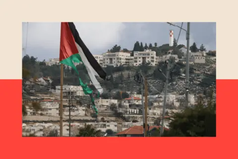 AFP via Getty Images Scene in the West Bank: the village of Turmus Ayya near Ramallah city, shows the nearby Israeli Shilo settlement in the background, with a large dusty flag in the foreground
