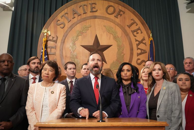 Speaker of the Texas House Dustin Burrows speaks at a news conference on August 4.