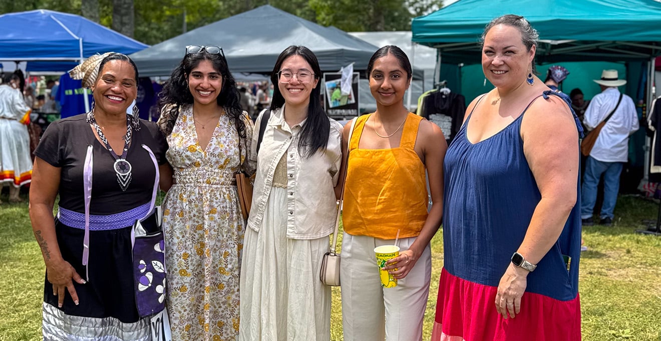Cheryl Cromwell with medical students Jessalyn Kaur, Melanie Fu, Anneka Ignatius and Jeanna Lee, PhD, at the Mashpee Wampanoag powwow