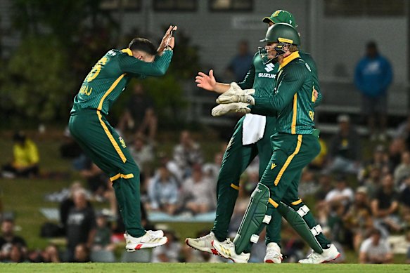 Keshav Maharaj of South Africa celebrates a wicket.