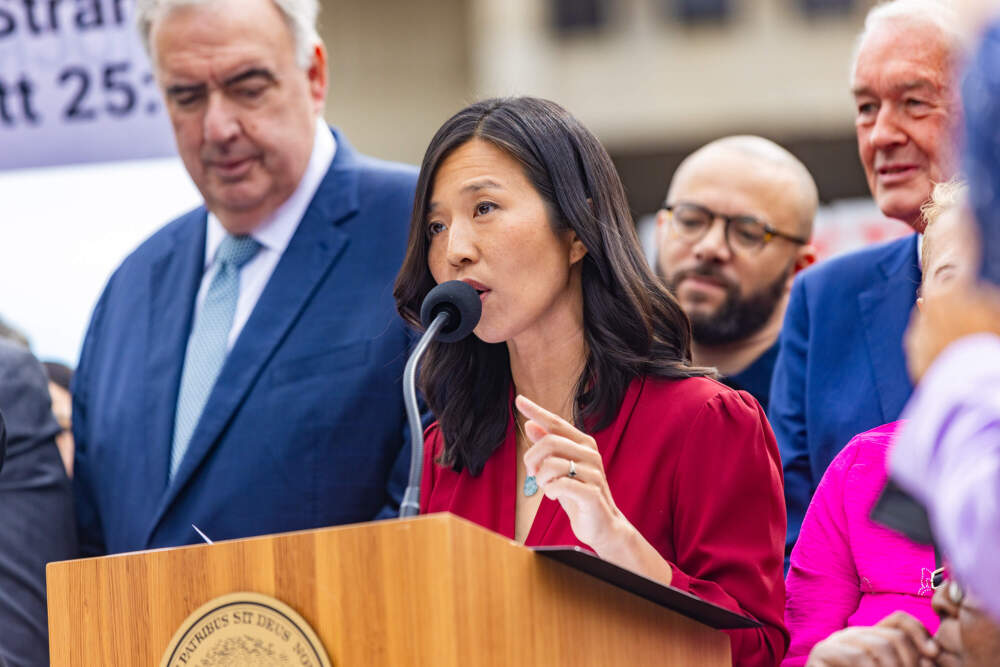Mayor Michelle Wu, joined by community members and elected officials, responds to the recent letter from the Department of Justice at a press conference at City Hall Plaza. (Jesse Costa/WBUR)
