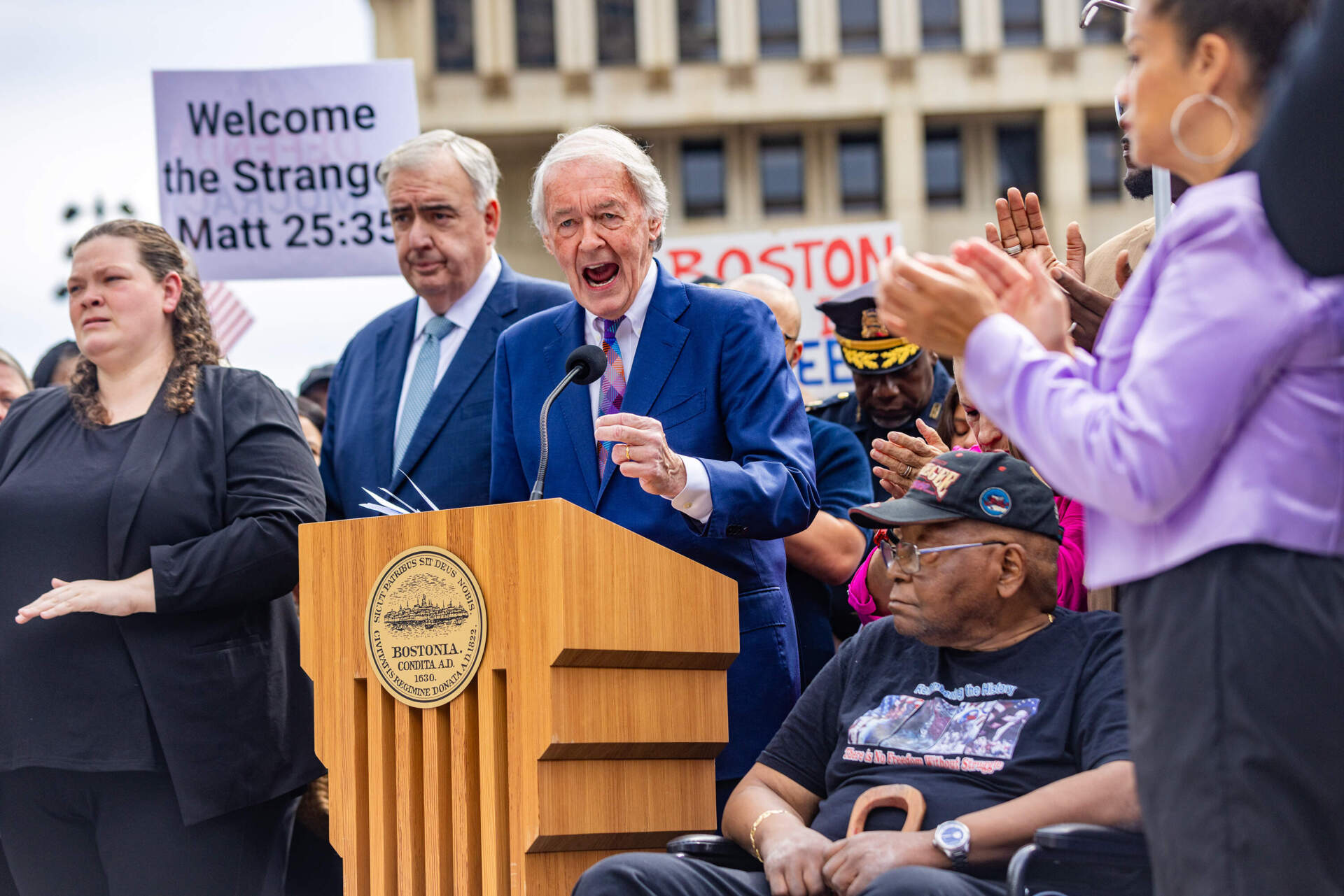 U.S. Sen. Ed Markey speaks to the crowd in Boston Monday. (Jesse Costa/WBUR)