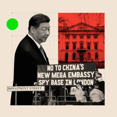 BBC A collage image of the Royal Mint, and embassy protests and Xi Jinping