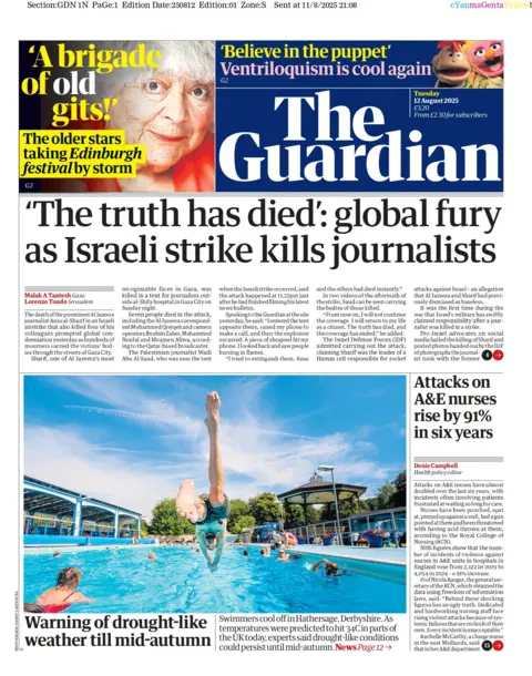 "'The truth has died': global fury as Israeli strike kills journalist" reads the headline on the front page of The Guardian.