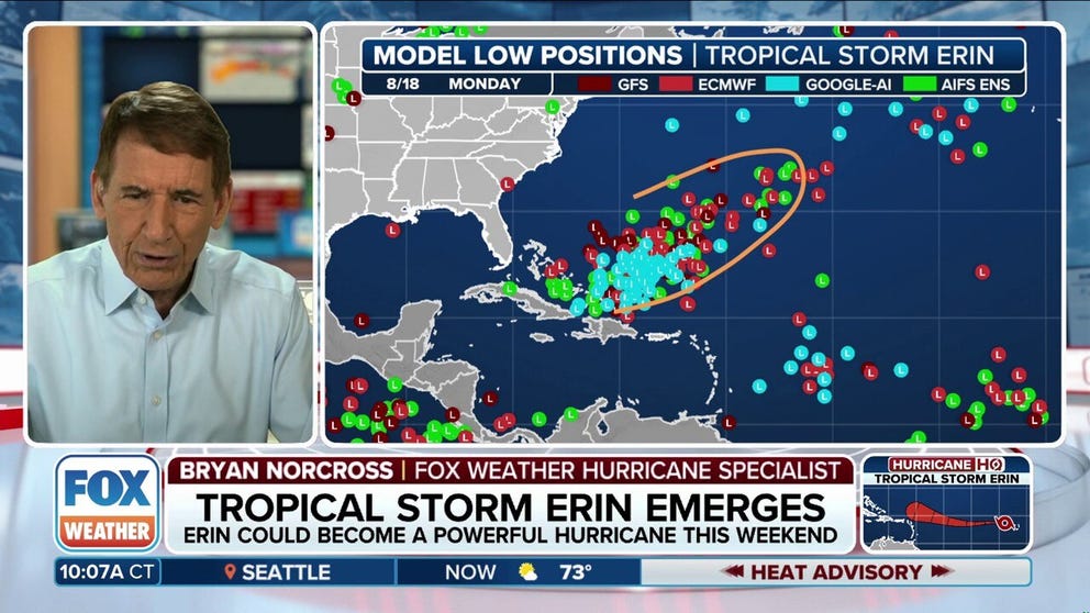 Tropical Storm Erin will move west across the Atlantic Ocean through the week into the vicinity of the northern Caribbean islands. FOX Weather Hurricane Specialist Bryan Norcross breaks down the uncertainty surrounding Erin’s track beyond that point.