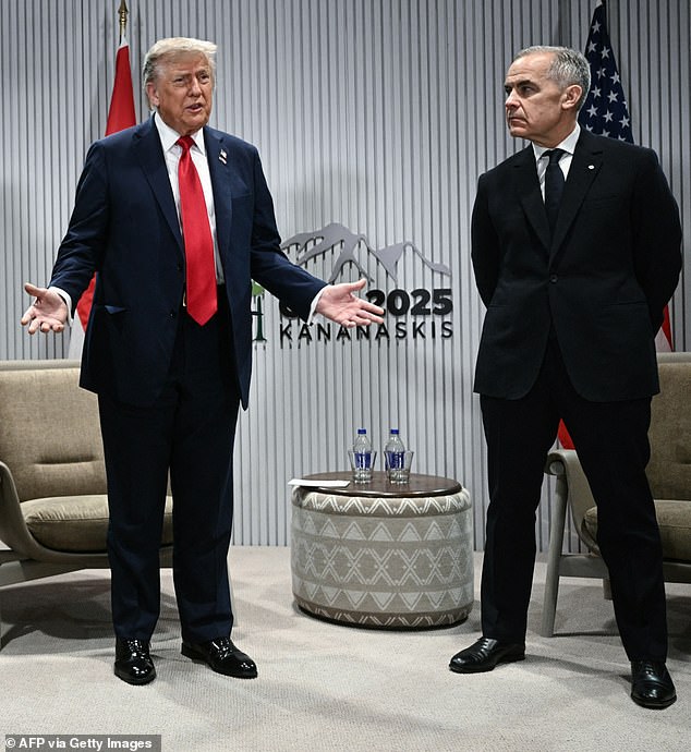 President Donald Trump speaks as Canadian Prime Minister Mark Carney (R) looks on in June