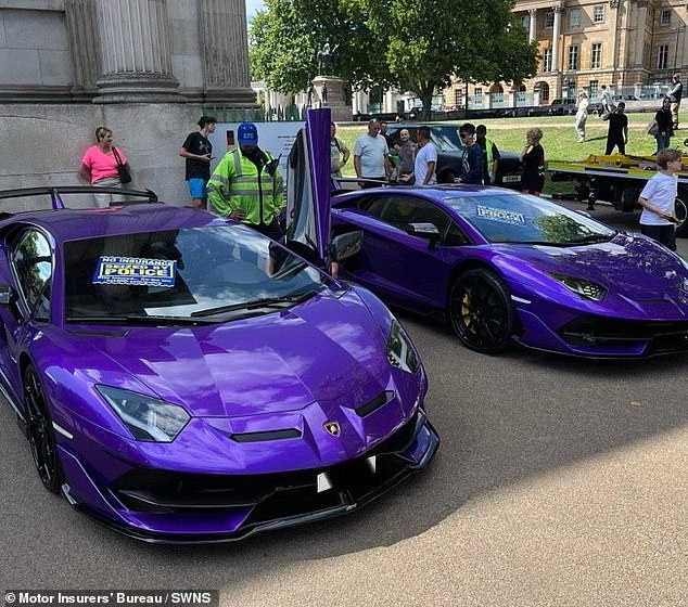 In a weekend-long operation, led by the Met Police and supported by the Motor Insurers' Bureau (MIB), up to 72 vehicles with a collective value of almost £7million were seized across the capital. These included a pair of purple Lamborghinis (pictured), Ferraris and Porsches