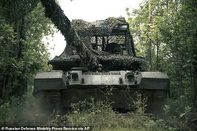 A Russian tank at a practice on a training ground in an undisclosed location in Ukraine on Friday