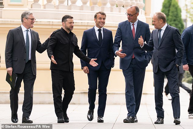 (From left) Prime Minister Sir Keir Starmer, Ukrainian President Volodymyr Zelensky, French President Emmanuel Macron, German Chancellor Friedrich Merz and Poland's Prime Minister Donald Tusk at the Presidential Palace in Kyiv after a "coalition of the willing" meeting on May 10
