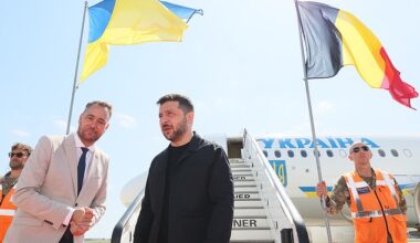 Belgian Foreign Minister Maxime Prevot welcomes Ukraine's President Volodymyr Zelensky to Melsbroek Air Base near Brussels today ahead of a meeting with European leaders