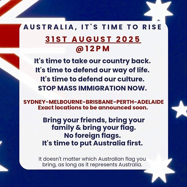 A group called March for Australia is organising the protest on August 31 across Australia's major capital cities