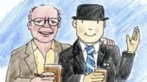 Will Brooks An illustration of Ray Brooks and Mr Benn. Brooks is drawn as an elderly cartoon man with large glasses, short grey hair, and wears a yellow shirt under a brown jacket. He has his arm around Mr Benn - a cartoon character with a drawn-on smile, who wears a black bowler hat, a black suit and a white shirt with a striped blue tie. He has one hand in the air. Both men are holding full pint glasses and are drawn against a blue background.