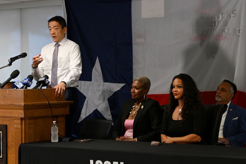 Texas state Rep. Gene Wu, the Democratic leader in the Texas House, speaks during a press conference in Elmhurst, Illinois, on August 8.
