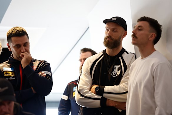 Max Gawn and Jake Lever watch Simon Goodwin’s farewell.