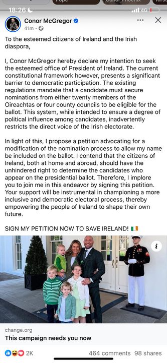 Conor McGregor's post on Facebook this evening