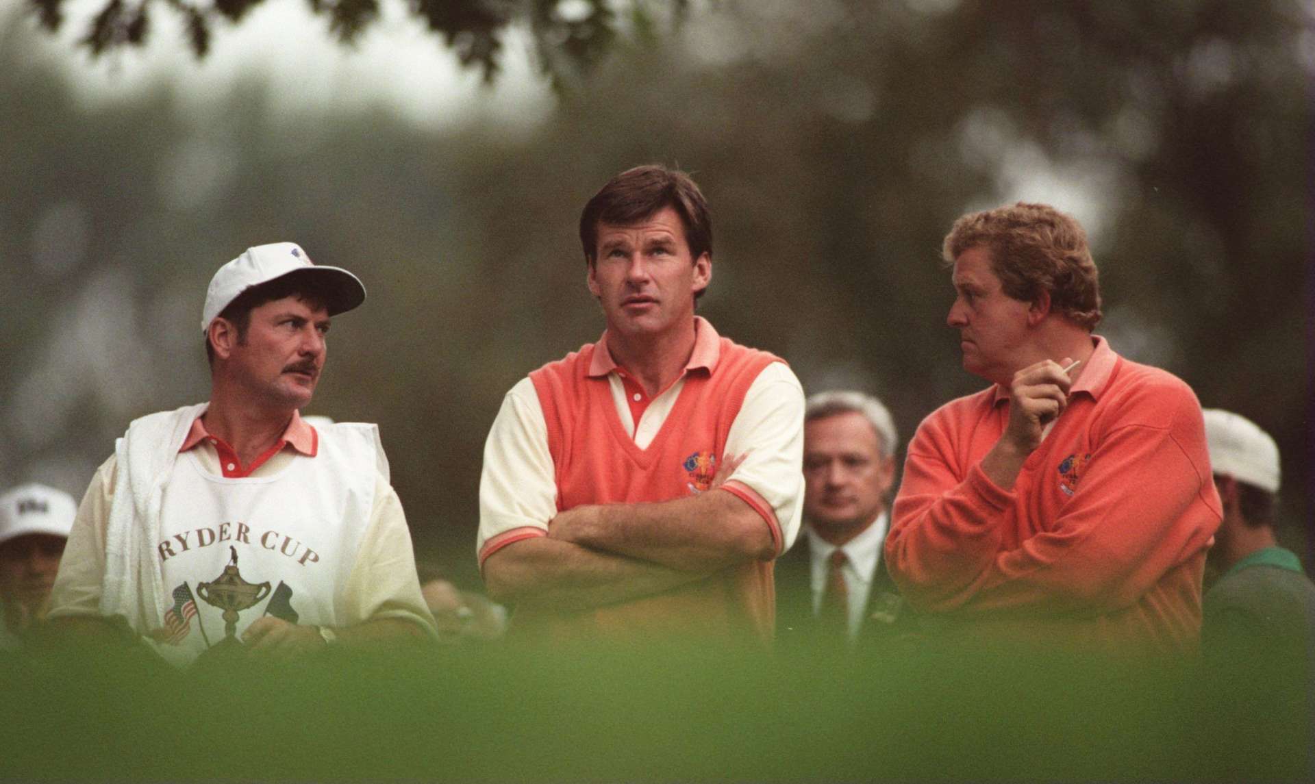 22 SEP 1995:  NICK FALDO AND COLIN MONTGOMERIE IN THOUGHTFUL MOOD DURING THEIR FOURSOMES MATCH AGAINST COREY PAVIN AND TOM LEHMAN AT THE 1995 RYDER CUP AT OAK HILL COUNTRY CLUB IN ROCHESTER, NEW YORK. Mandatory Credit: Steve Munday/ALLSPORT