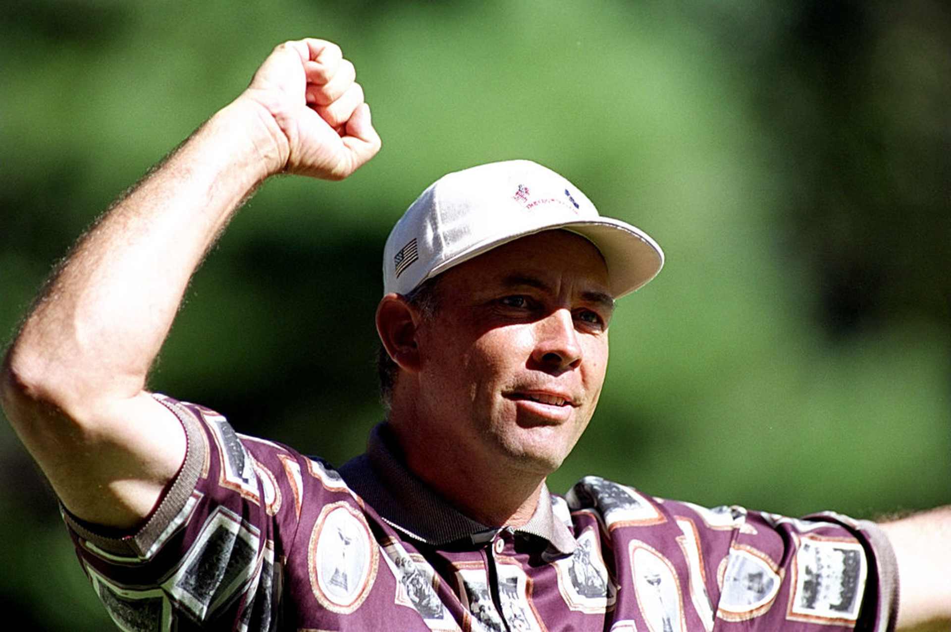 26 Sep 1999:  Tom Lehman of the USA celebrates as team mate David Duval wins his match during the 33rd Ryder Cup at Brookline Country Club, Boston, Massachusetts, USA. \ Mandatory Credit: Craig Jones /Allsport