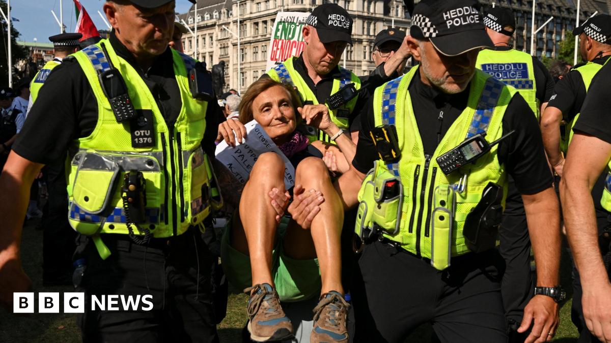 Three male police officers detain a female protester, who is holding a paper sign appearing to mention Palestine, during a rally challenging the UK government's proscription of "Palestine Action" under anti-terrorism law. In the background there are grand buildings a Palestine flag and a poster mentioning genocide