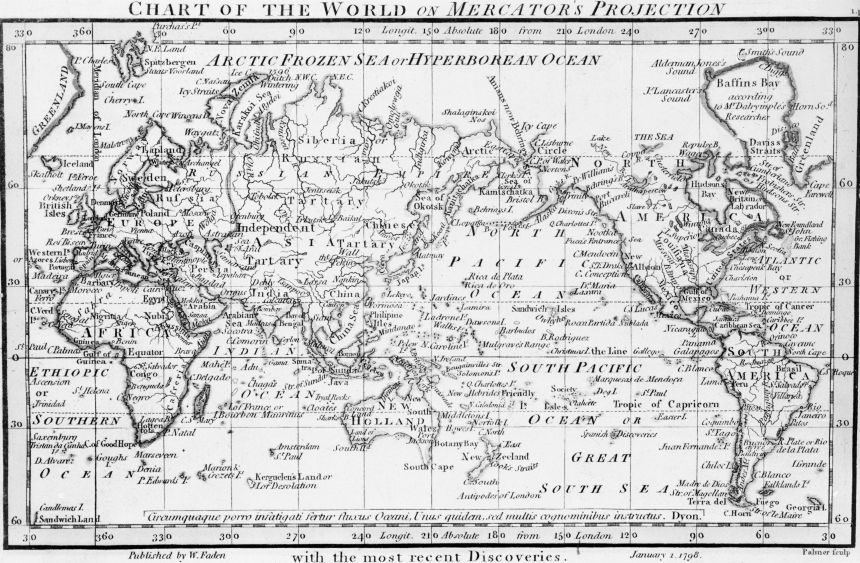 Chart of the world as per Mercator's projection, circa 1798, with the most recent discoveries. 