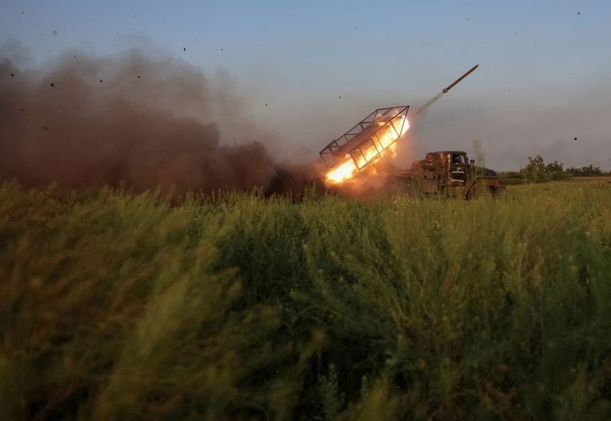 Ukrainian servicemen fire a multiple rocket launch system towards Russian troops near the frontline town of Pokrovsk, in Ukraine's Donetsk region, on June 8.
