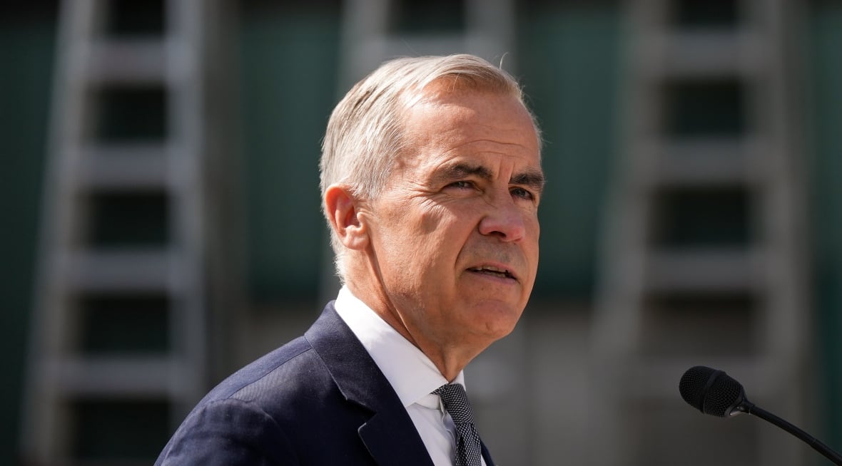 Prime Minister stands outdoors at a podium mic looking off into the distance