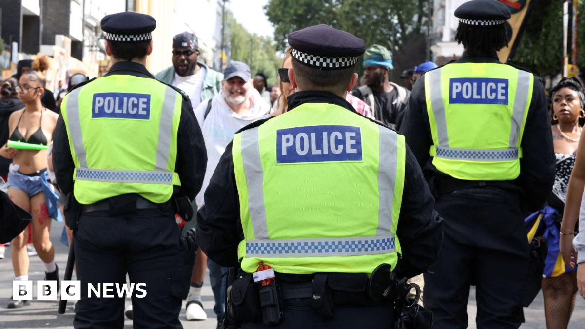 The backs of three police officers in green high viz uniform face carnival-goers walking towards them