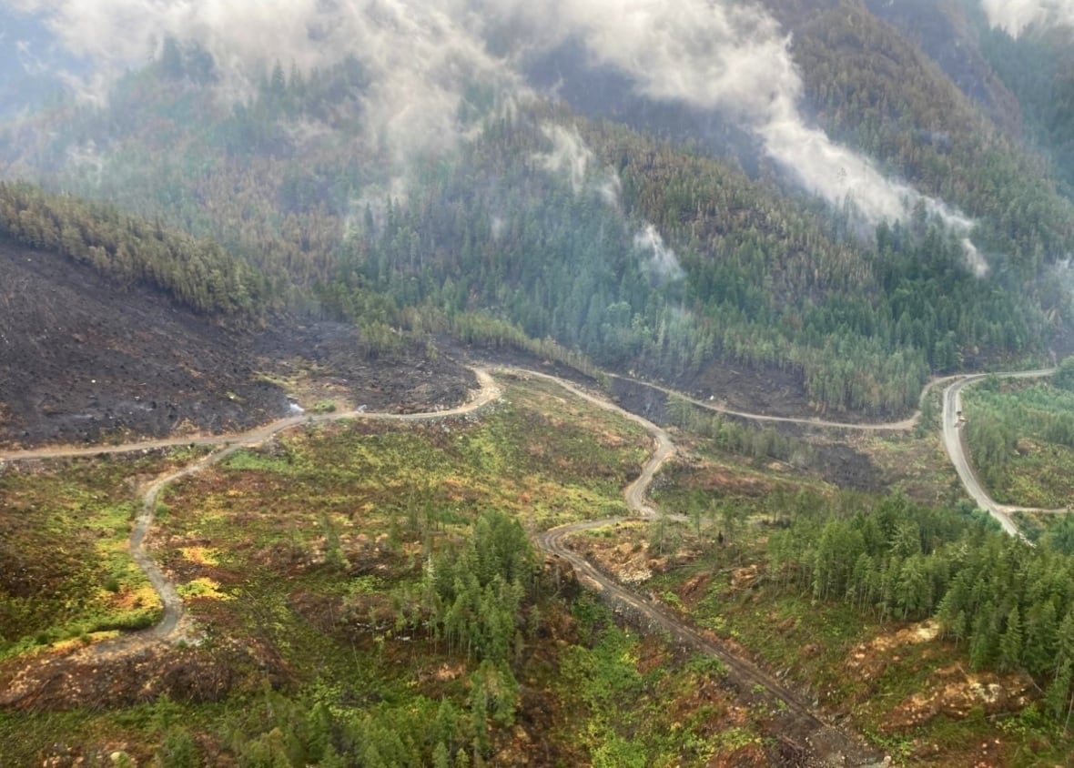 Smoke can be seen in a wooded, mountainous area with a dirt road through it. 