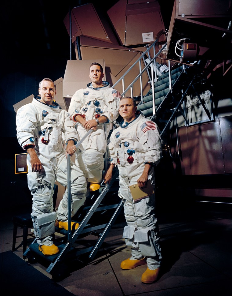 The Apollo 8 lunar orbit mission astronauts, from left: James A. Lovell Jr., command module pilot; William A. Anders, lunar module pilot; and Frank Borman, commander; at the Kennedy Space Center.