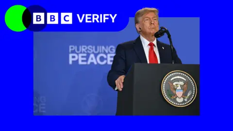 BBC US President Donald Trump at a podium with the White House seal on its front and a banner behind him which reads "pursuing peace".