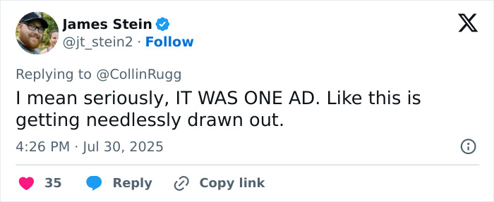 Screenshot of a tweet discussing a reaction to Sweeney’s AE ad and its impact on viewers.
