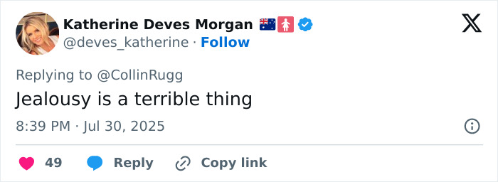 Tweet from Katherine Deves Morgan commenting on jealousy, with 49 likes and reply options visible.