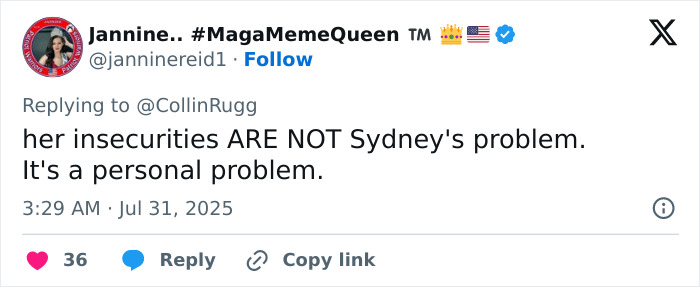 Screenshot of a tweet discussing jealousy and personal insecurities related to Sweeney’s AE ad controversy.