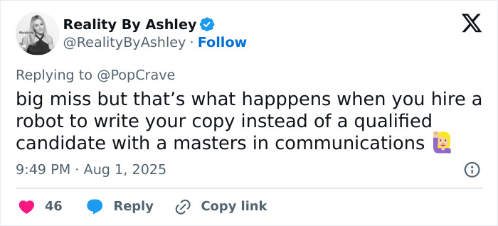 Tweet by Reality By Ashley criticizing robot-written copy, referencing communication skills and Sweeney’s AE ad trauma.