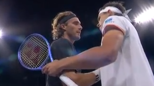 Stefanos Tsitsipas of Greece reacts against Daniel Altmaier of Germany.