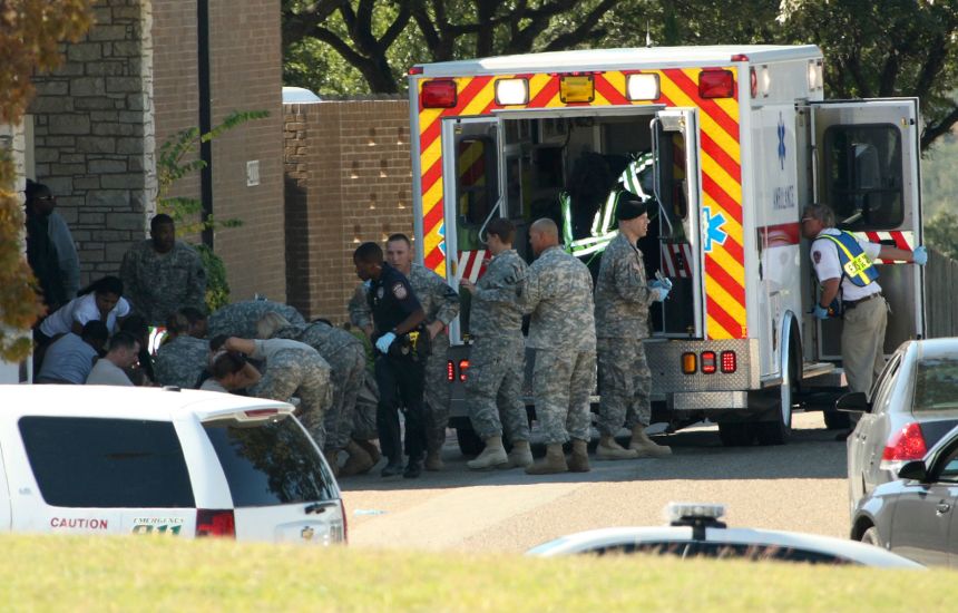 First responders treat the wounded at Fort Hood after the 2009 mass shooting.