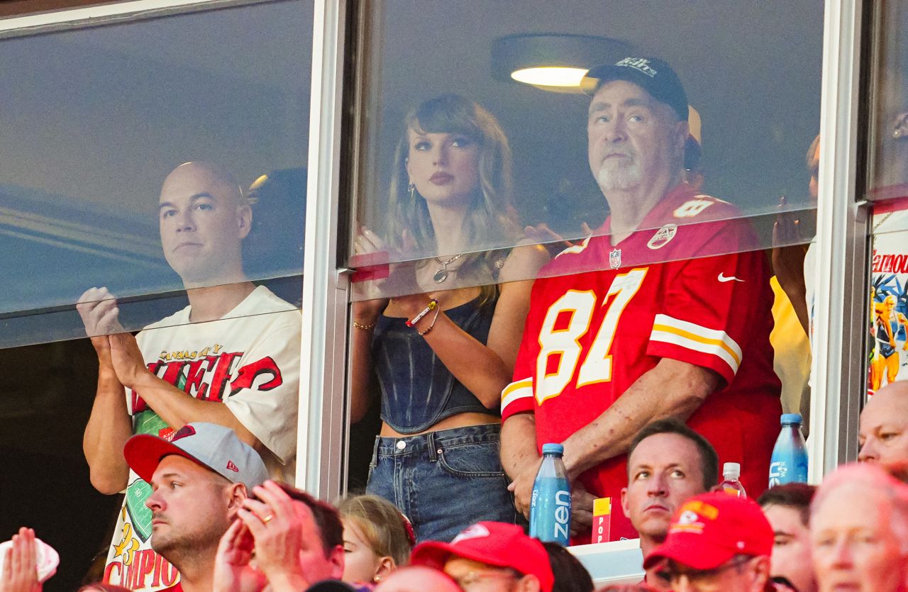 Taylor Swift watches the action prior to a game between the Baltimore Ravens and the Kansas City Chiefs in Sept. 2024.